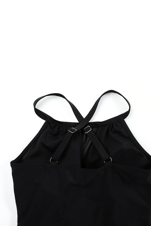 Black Contrast Splice Racerback Tankini Printed 2Pcs Set